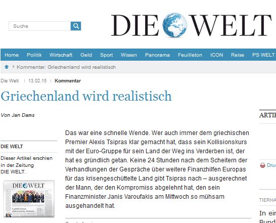 Die Welt: Η Ελλάδα πλησιάζει στον ρεαλισμό