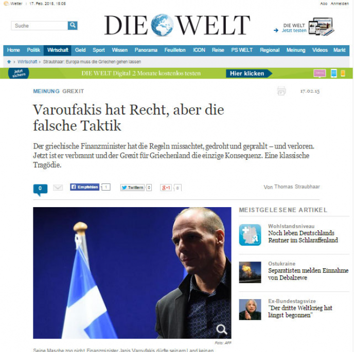 Die Welt: Ο Βαρουφάκης έχει δίκιο, αλλά λάθος τακτική