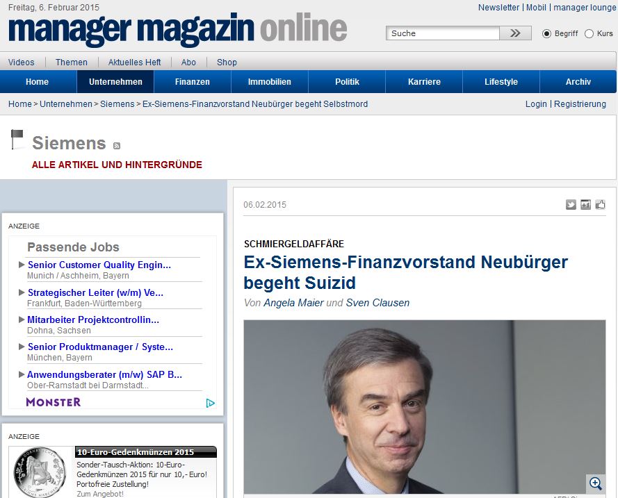 Manager Magazin: Αυτοκτόνησε ο πρώην οικονομικός διευθυντής της Siemens-εμπλεκόμενος στο σκάνδαλο