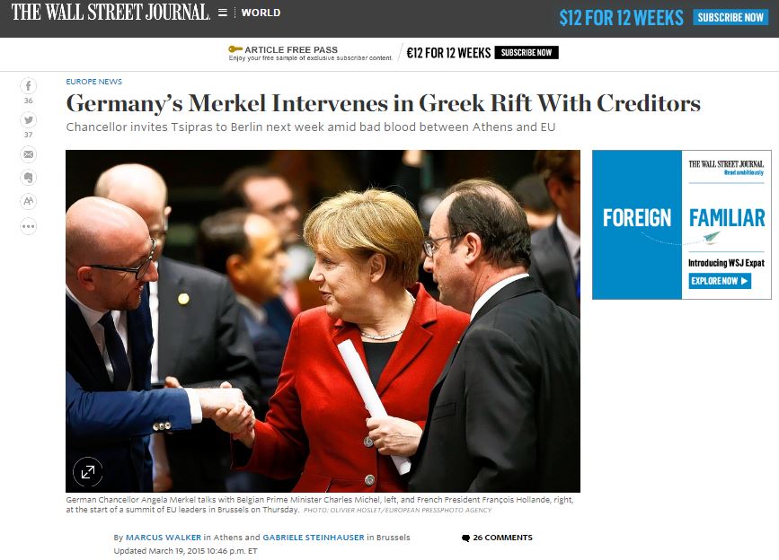 WSJ: Η Μέρκελ παρεμβαίνει στο ρήγμα της Ελλάδας με τους πιστωτές
