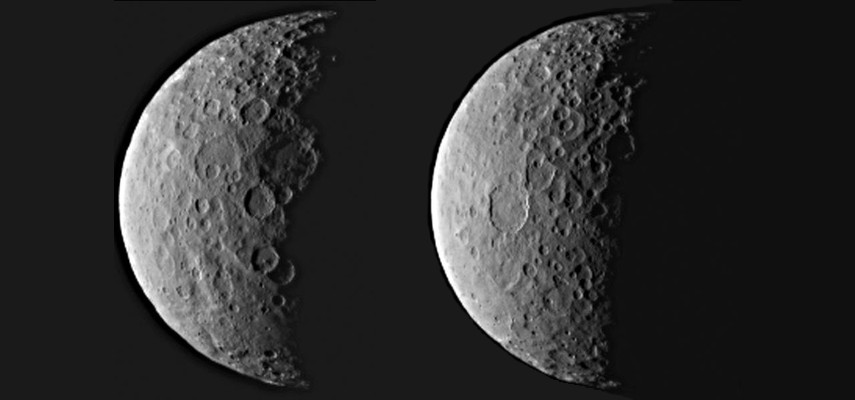 NASA's Dawn spacecraft took these images of dwarf planet Ceres from about 25,000 miles (40,000 kilometres) away on February 25th, 2015. Ceres appears half in shadow because of the current position of the spacecraft relative to the dwarf planet and the Sun. The resolution is about 2.3 miles (3.7 kilometres) per pixel. Image credit: NASA/JPL-Caltech/UCLA/MPS/DLR/IDA