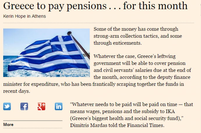 FT: Η Ελλάδα θα πληρώσει τις συντάξεις… γι αυτόν το μήνα