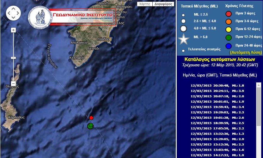 Σεισμική δόνηση 3,9 Ρίχτερ ανατολικά της Καρπάθου