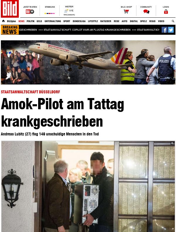 Bild: Ο Lubitz είχε αναρρωτική άδεια την ημέρα της τραγωδίας