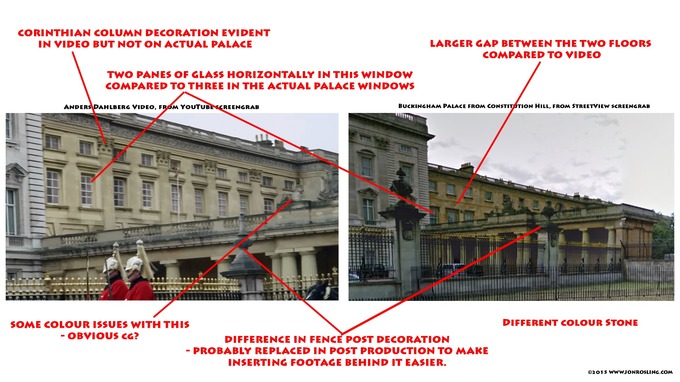 A comparison graphic showing how the Buckingham Palace fall video might have been faked