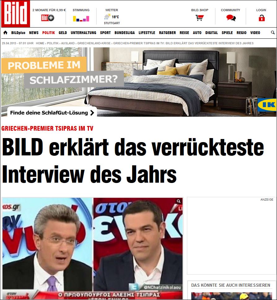 Επίθεση της Bild για τη συνέντευξη Τσίπρα στον Νίκο Χατζηνικολάου