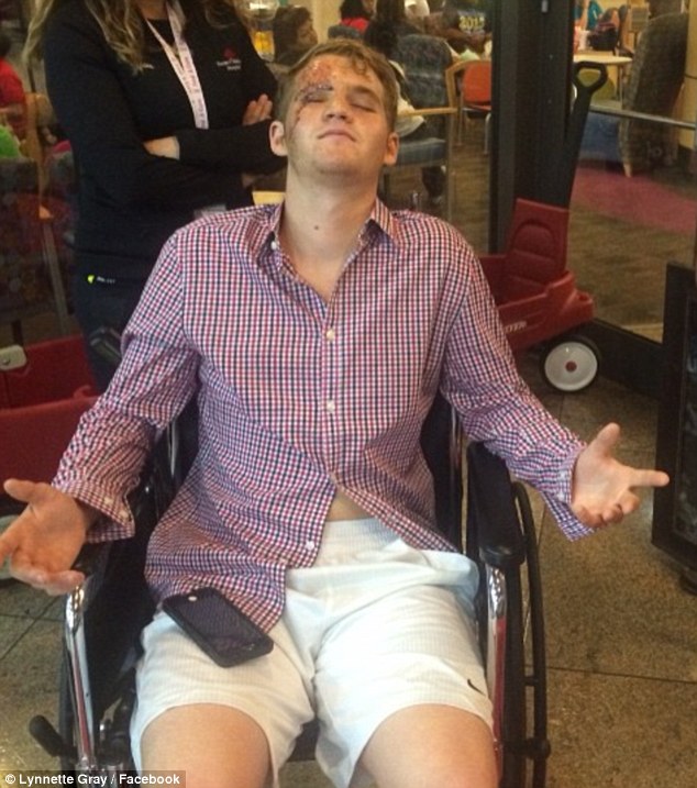 Going home: Dalton, sitting in a wheelchair, looked happy to be discharged from the Texas hospital on Tuesday in this photo shared on Facebook by his mom