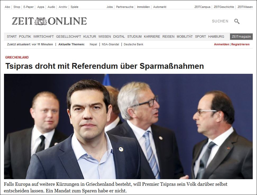 Πρωτοσέλιδο στην Zeit η συνέντευξη του Πρωθυπουργού στον Νίκο Χατζηνικολάου