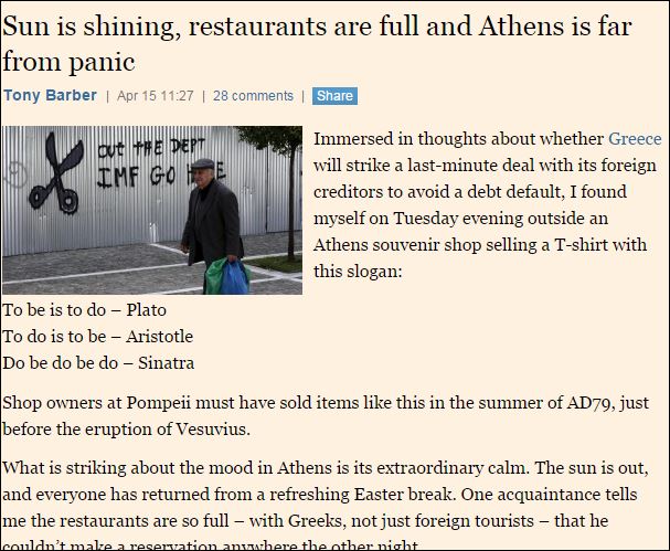 Financial Times: “Ο ήλιος λάμπει, τα εστιατόρια είναι γεμάτα και η Αθήνα δεν πανικοβάλλεται”