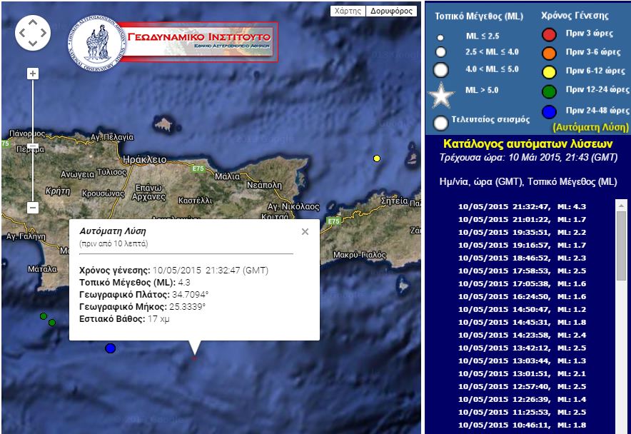 Σεισμός 4,3 Ρίχτερ νότια της Κρήτης – ΤΩΡΑ