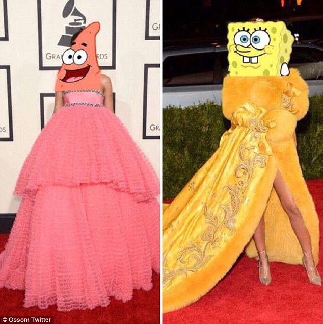 Cartoons: @YisasChrist compared her cupcake-like Giambattista Valli gown from the 2015 Grammy Awards to the Met Gala dress by retouching Spongebob Squarepants and Patrick Star's animated faces on Rihanna's head