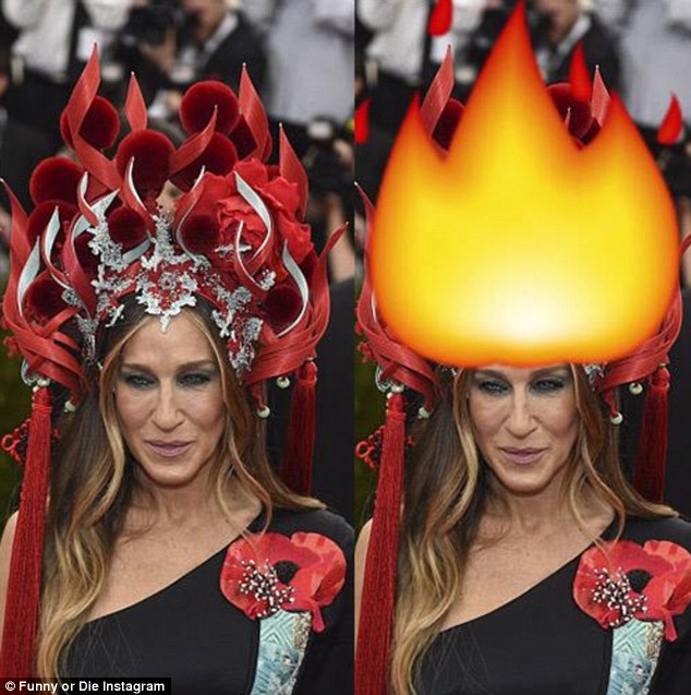 Flame emoji! Funny Or Die created this meme of Sarah Jessica Parker's Philip Treacy Custom headdress