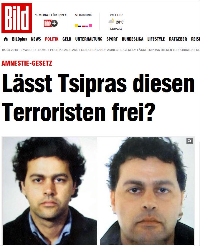 Η Bild για τον Ξηρό: Θα αφήσει ο Τσίπρας αυτόν τον τρομοκράτη ελεύθερο;