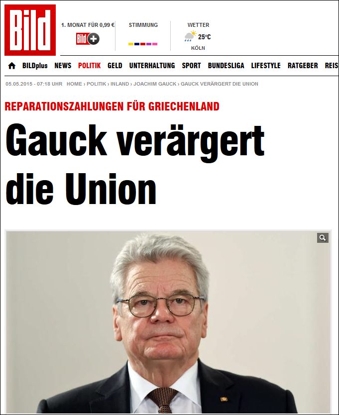 Bild: Γερμανοί πολιτικοί εναντίον του Γκάουκ για τις πολεμικές επανορθώσεις