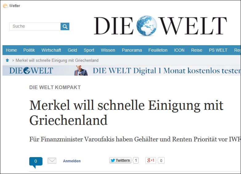 Die Welt: Η Μέρκελ επιθυμεί συμφωνία με την Ελλάδα σύντομα