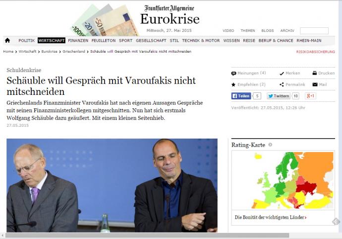 FAZ: Ο Σόιμπλε θέλει να συζητά με τον Βαρουφάκη και όχι να τον ηχογραφεί