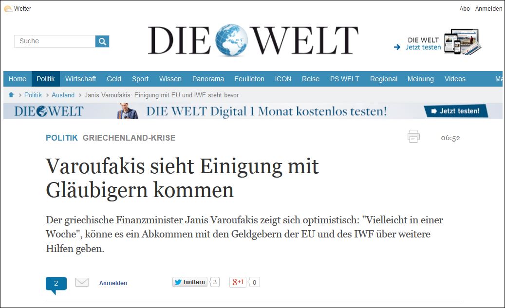 Η Welt για τη συνέντευξη του Βαρουφάκη “στον ενικό”