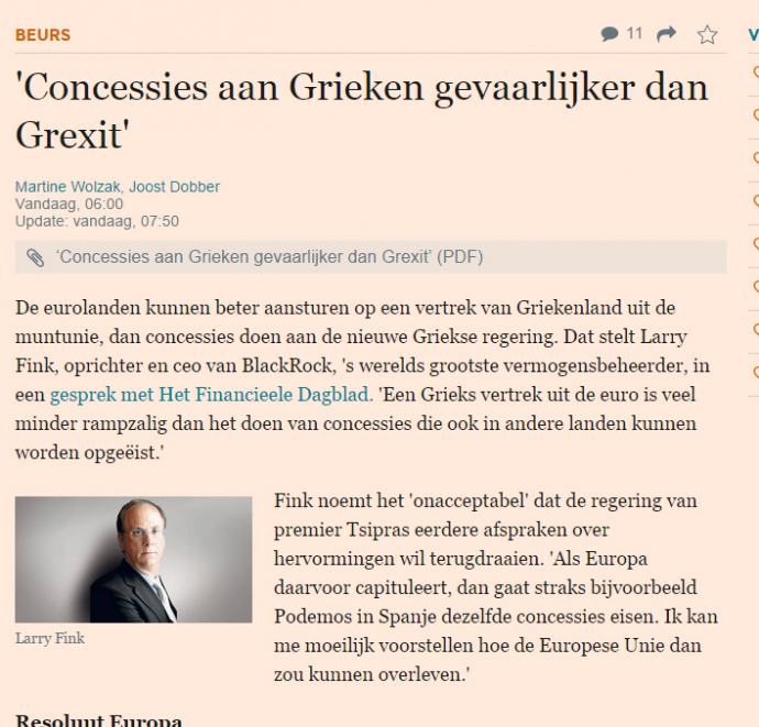 BlackRock: Οι παραχωρήσεις στην Ελλάδα είναι πιο επικίνδυνες από ένα Grexit