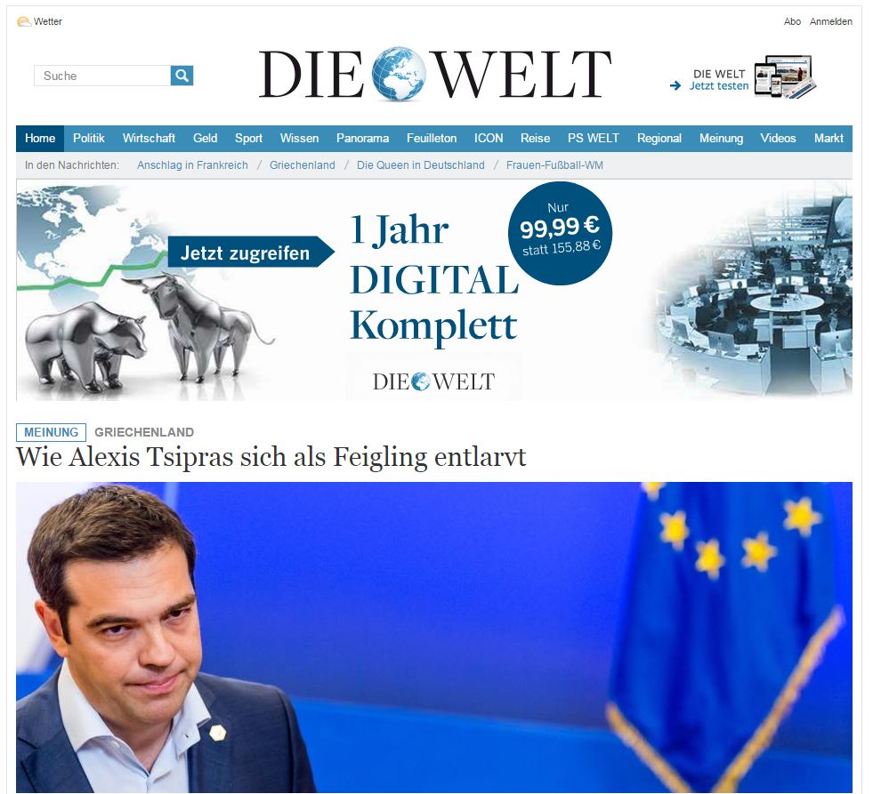 Die Welt: Ο Τσίπρας έχει εκτεθεί ως δειλός