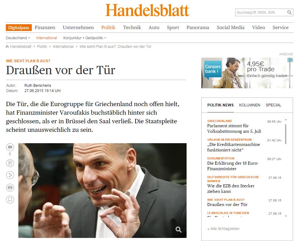 Handelsblatt: Έξω από την πόρτα