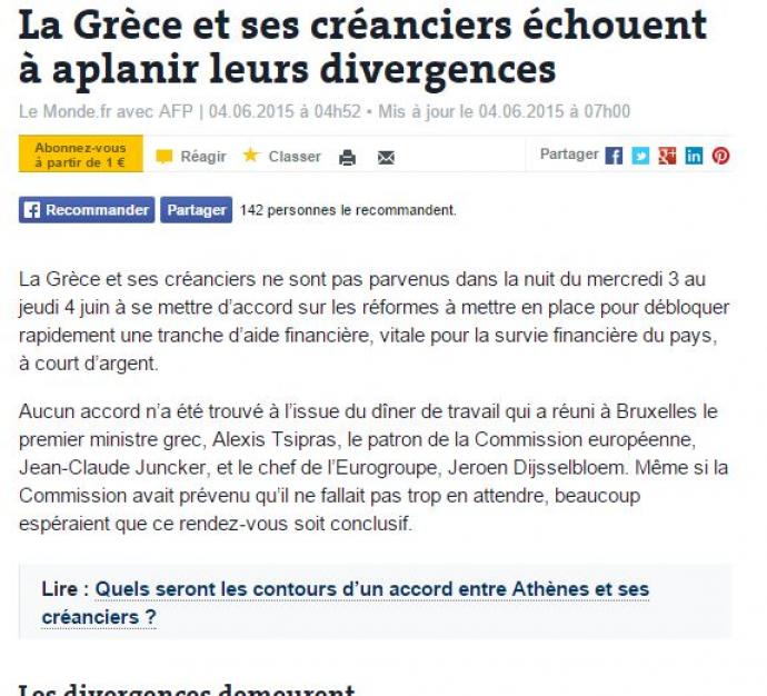 Le Monde: Ελλάδα και πιστωτές αδυνατούν να επιλύσουν τις διαφορές τους