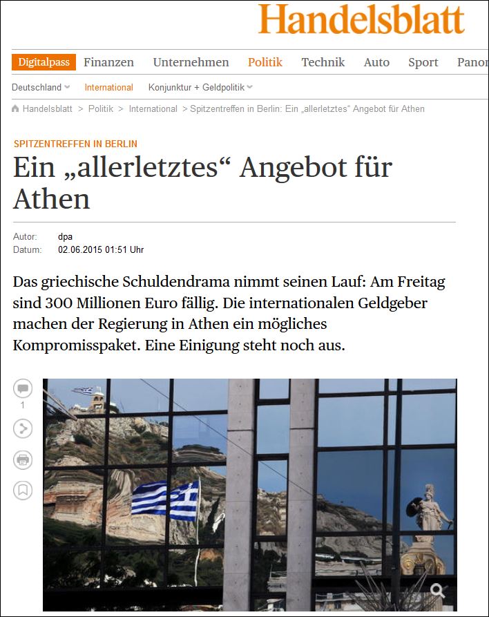 Handelsblatt: Το ελληνικό δράμα χρέους μπαίνει στην τελευταία φάση