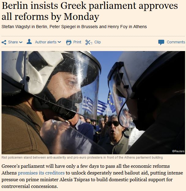 FT: To Βερολίνο ζητά έγκριση της συμφωνίας από την ελληνική βουλή