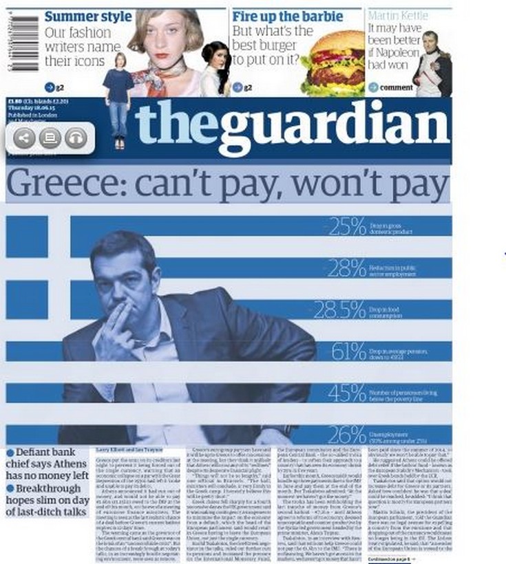 Πρωτοσέλιδο η Ελλάδα στον Guardian: Δεν μπορεί να πληρώσει, δεν θα πληρώσει – ΦΩΤΟ