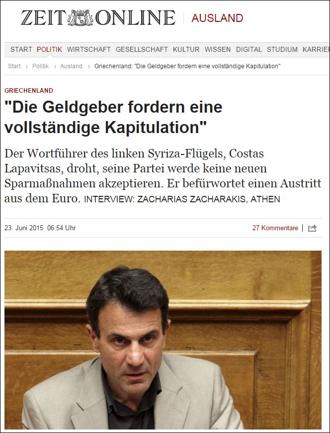 Ο Λαπαβίτσας στην Zeit: Οι δανειστές απαιτούν πλήρη παράδοση