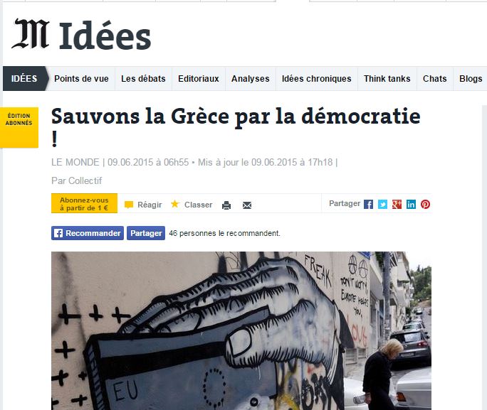 Le Monde: Ας σώσουμε την Ελλάδα με τη δημοκρατία