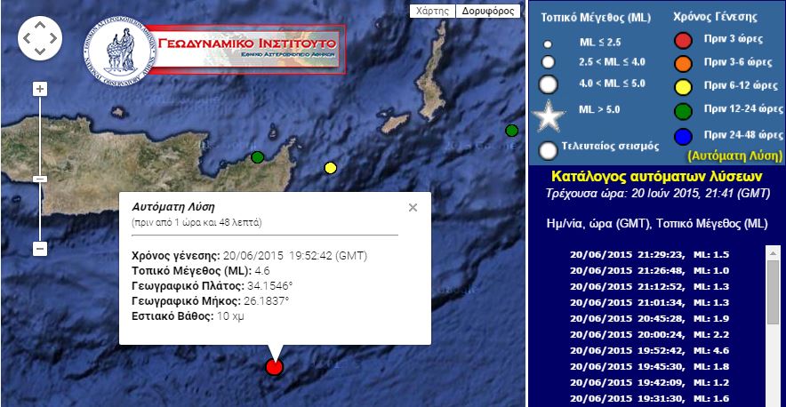 Σεισμός 4,6 Ρίχτερ νοτιοανατολικά της Κρήτης