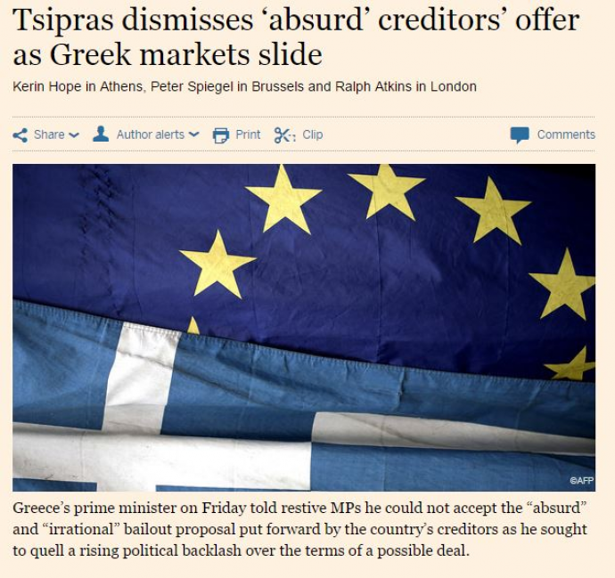 FT: Ο Τσίπρας απορρίπτει την “παράλογη” πρόταση των πιστωτών