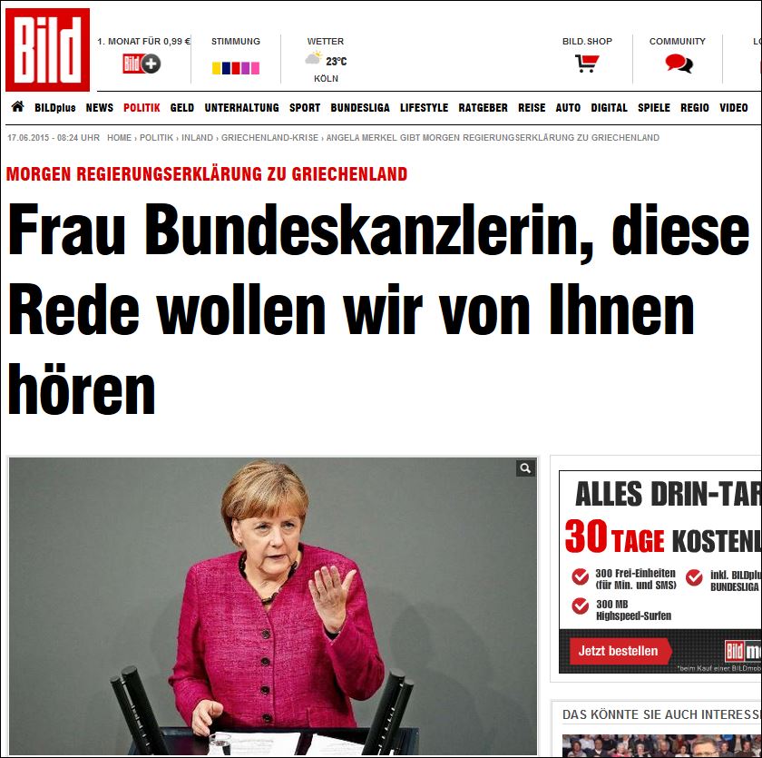 Η Bild προτείνει στη Μέρκελ την… ομιλία της
