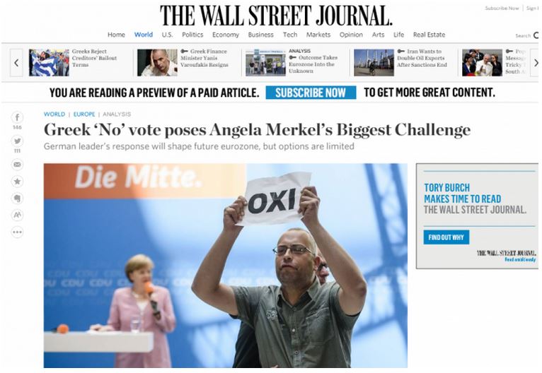 Wall Street Journal: Τα διλήμματα της Μέρκελ μετά το “ΟΧΙ”