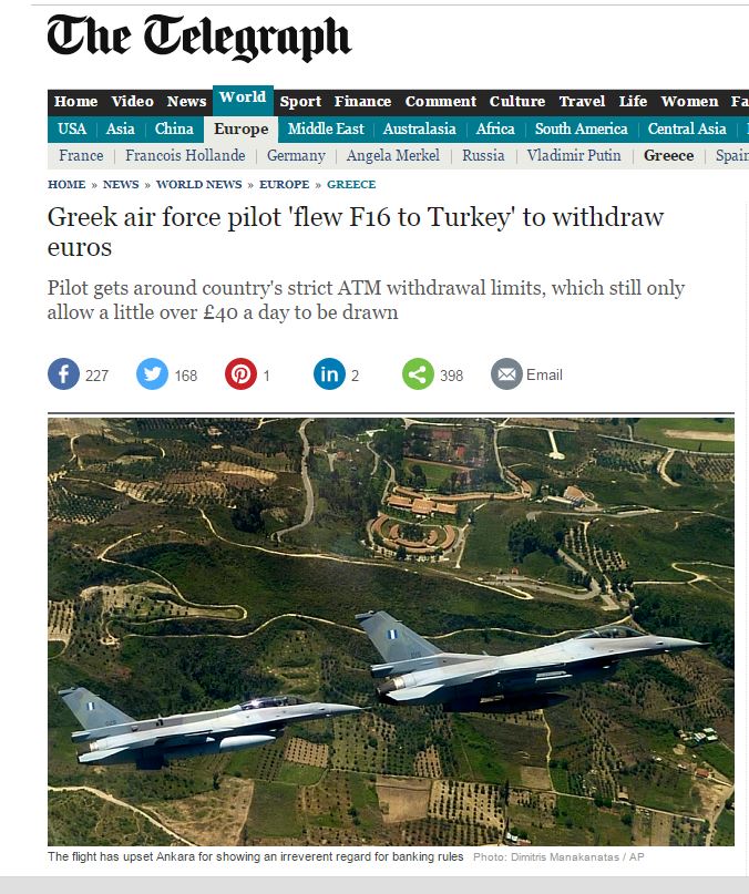 Η αστεία είδηση της Telegraph για Έλληνα πιλότο που πήγε με μαχητικό σε ATM της Τουρκίας
