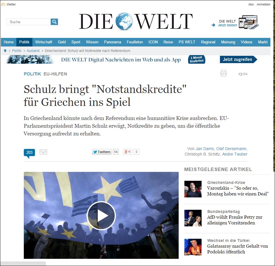 Welt: Σχέδιο Σουλτς για έκτακτα δάνεια προς την Ελλάδα για την ανθρωπιστική κρίση
