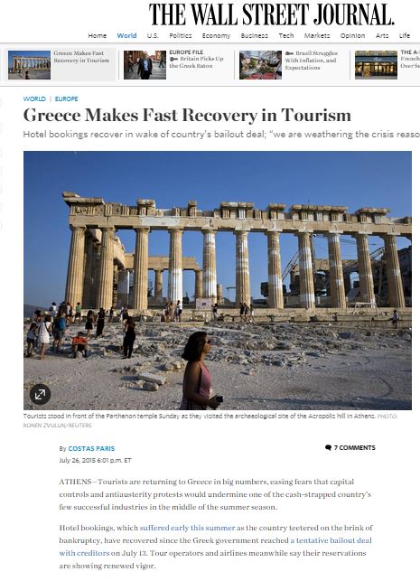 Wall Street Journal: Γρήγορη ανάκαμψη του ελληνικού τουρισμού