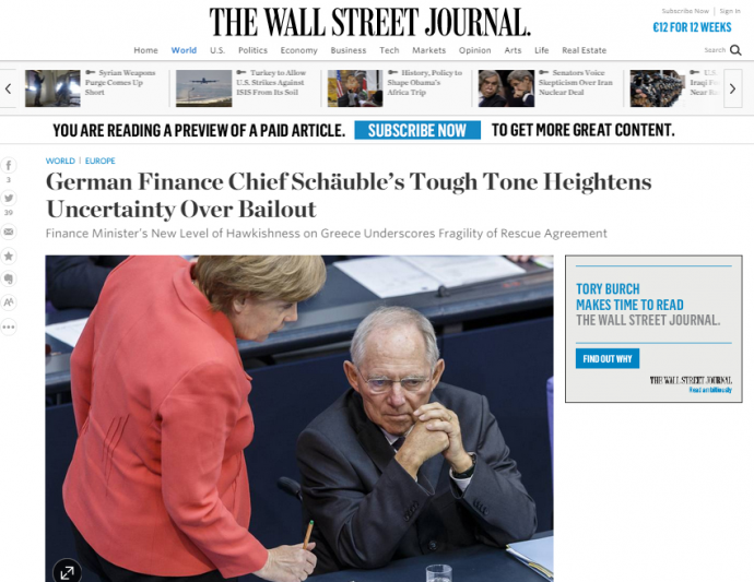 WSJ: Η σκληρή στάση του Σόιμπλε αυξάνει τις αμφβολίες για τη διάσωση