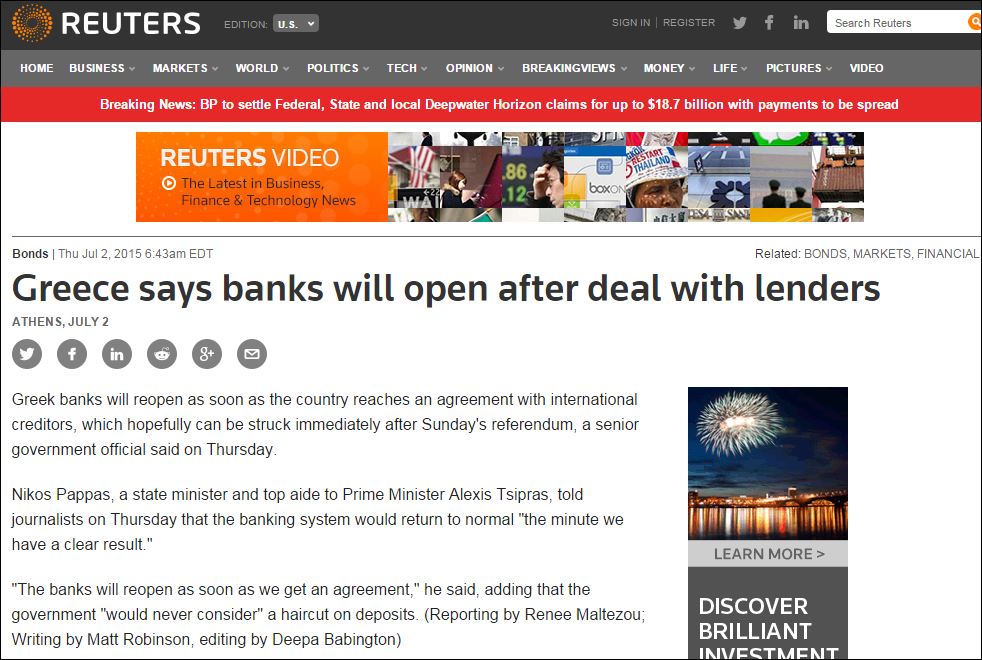 Reuters: Οι τράπεζες θα ανοίξουν όταν υπάρξει συμφωνία, λέει ο Νίκος Παππάς