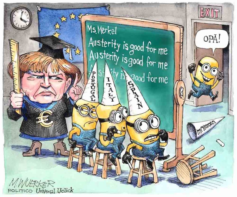 To σκίτσο του Politico: Η Μέρκελ δασκάλα και η Ελλάδα κάνει… κοπάνα από το μάθημα λιτότητας