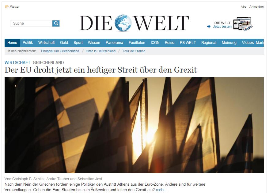 Die Welt: Τώρα η ΕΕ απειλείται με μια έντονη διαμάχη σχετικά με ένα Grexit