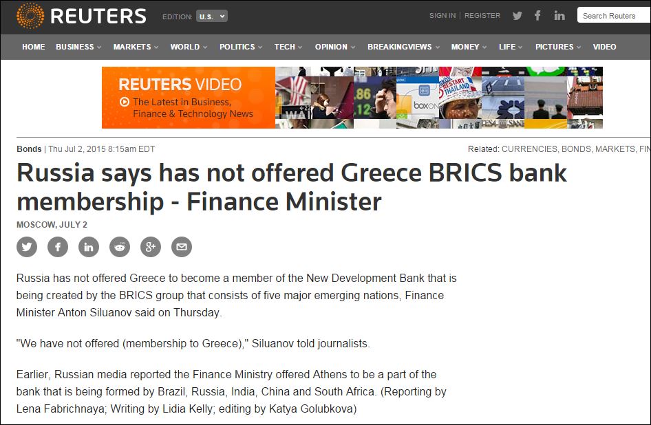 Reuters: Η Ρωσία δεν πρότεινε στην Ελλάδα να γίνει μέλος των BRICS