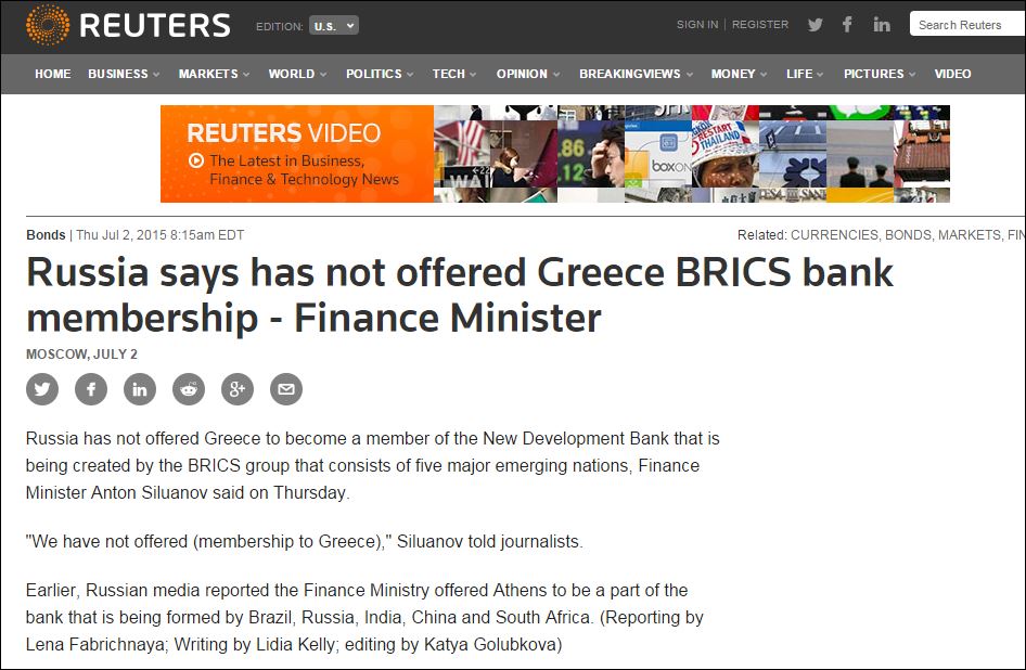 Reuters: Η Ρωσία δεν πρότεινε στην Ελλάδα να γίνει μέλος των BRICS