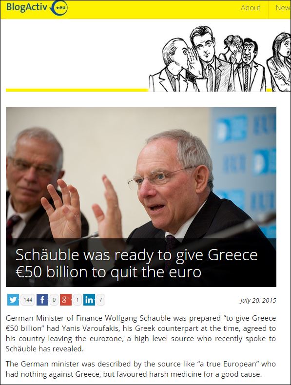 “Ο Σόιμπλε ήταν έτοιμος να δώσει 50 δισ. στην Ελλάδα για Grexit”