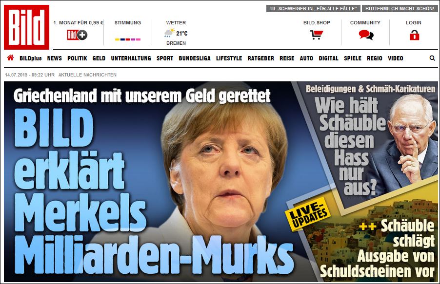Η Bild επικρίνει τη Μέρκελ για τη συμφωνία