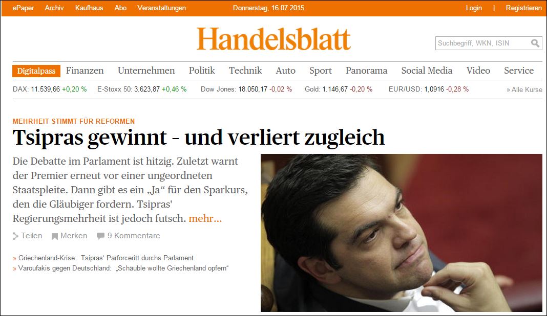 Handelsblatt: Ο Τσίπρας κέρδισε και έχασε την ίδια ώρα