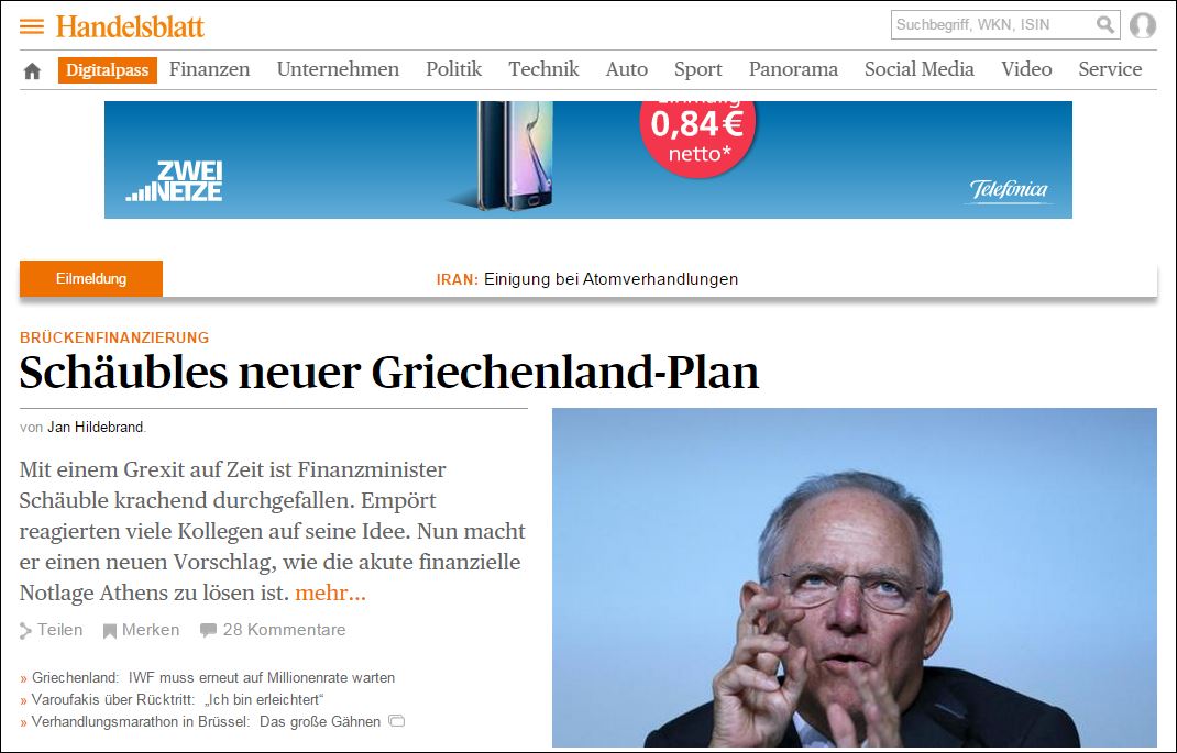 Handelsblatt: IOUs το νέο σχέδιο του Σόιμπλε για την Ελλάδα