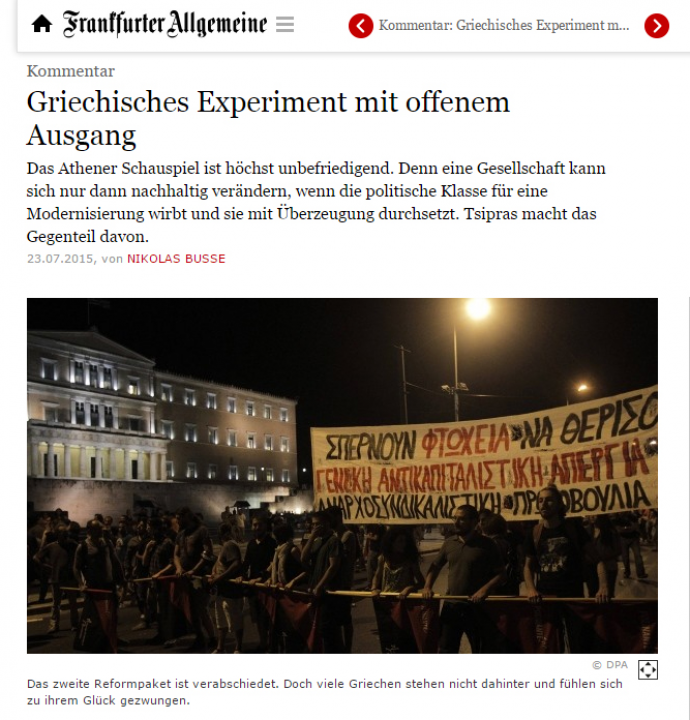 FAZ: Το ελληνικό πείραμα έχει αμφίβολο αποτέλεσμα