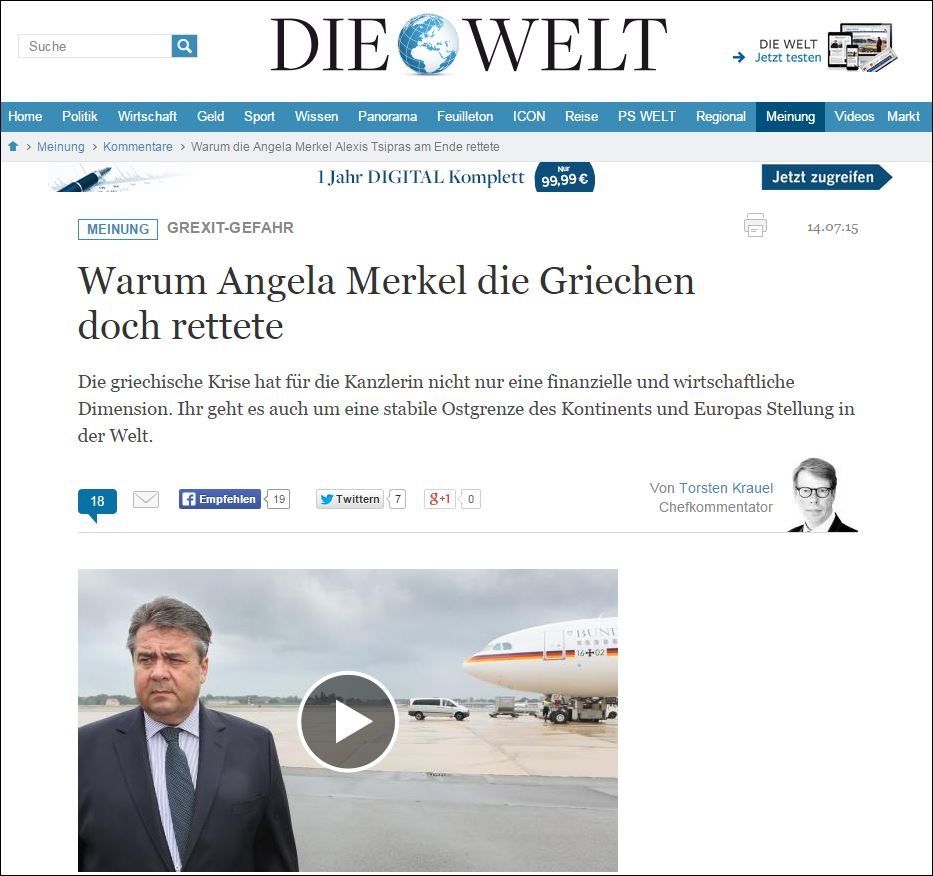 Welt: Γιατί η Μέρκελ έσωσε παρόλα αυτά τους Έλληνες