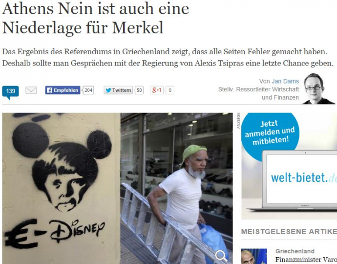 Die Welt: Το “Όχι” της Αθήνας είναι ήττα και για τη Μέρκελ